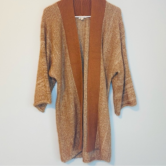 Mystree Sweaters - Mystree Tan and Brown Open-Front Long Cardigan